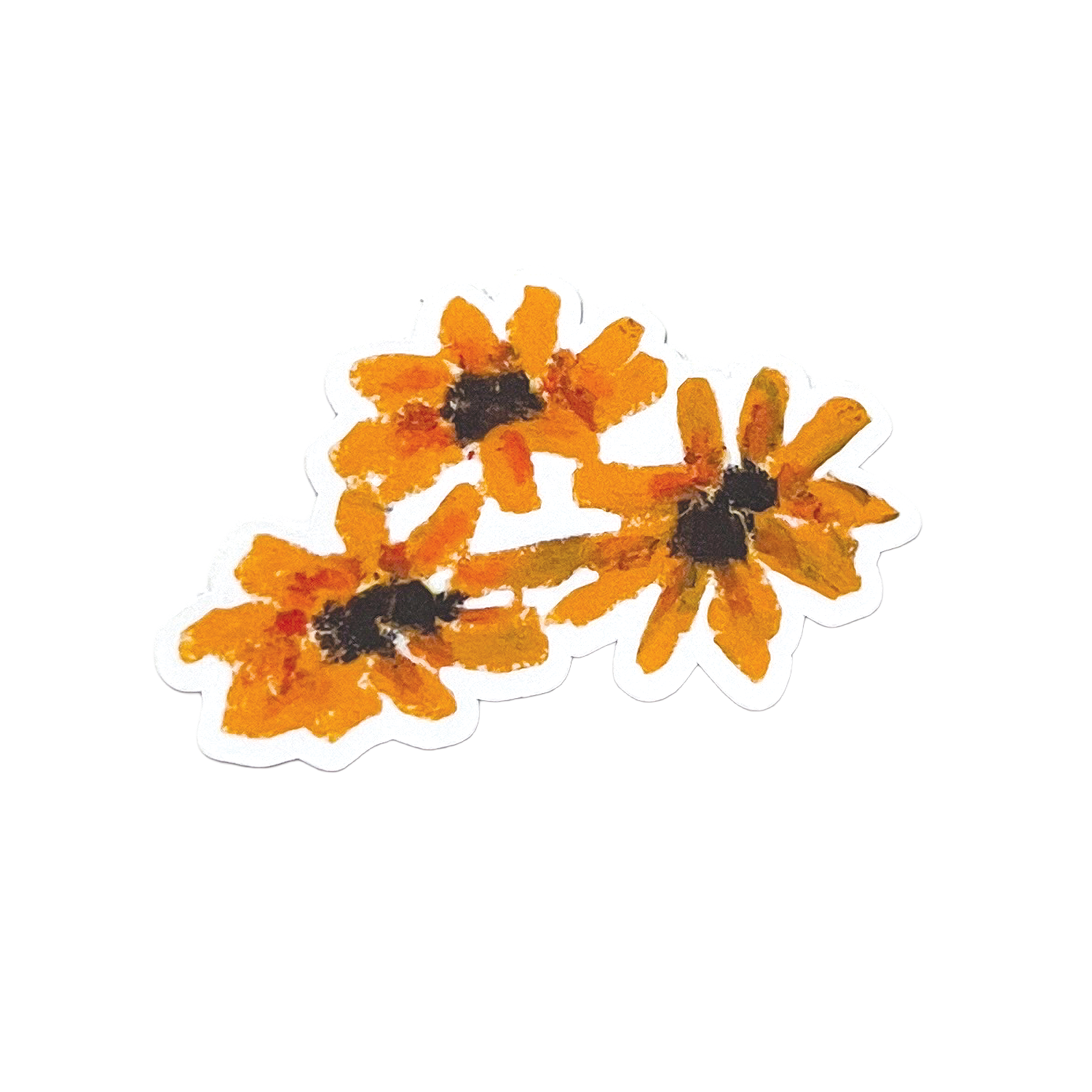 Three orange flowers with black centers on a white background