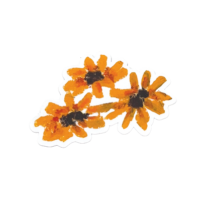 Three orange flowers with black centers on a white background
