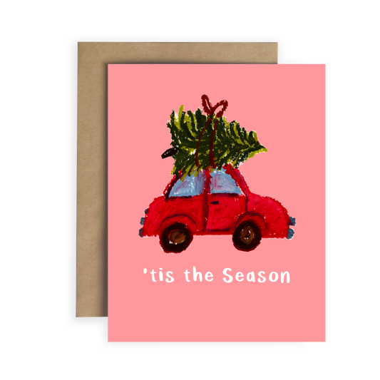 Greeting card with a red car carrying a Christmas tree on a pink background