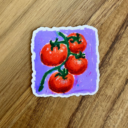 Sticker of tomatoes on a vine with a purple background on a wooden surface