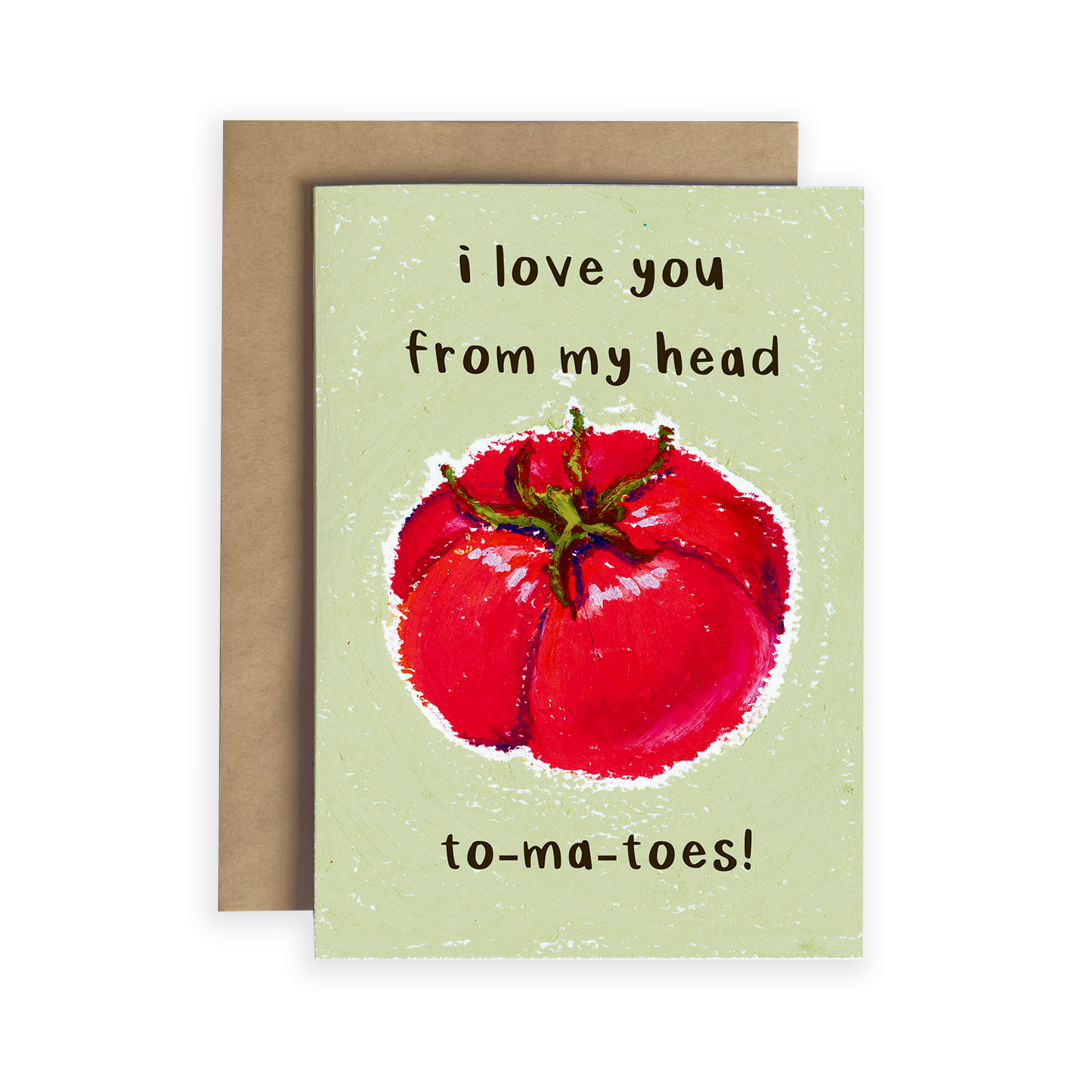 Card with a red tomato illustration and text on a light green background