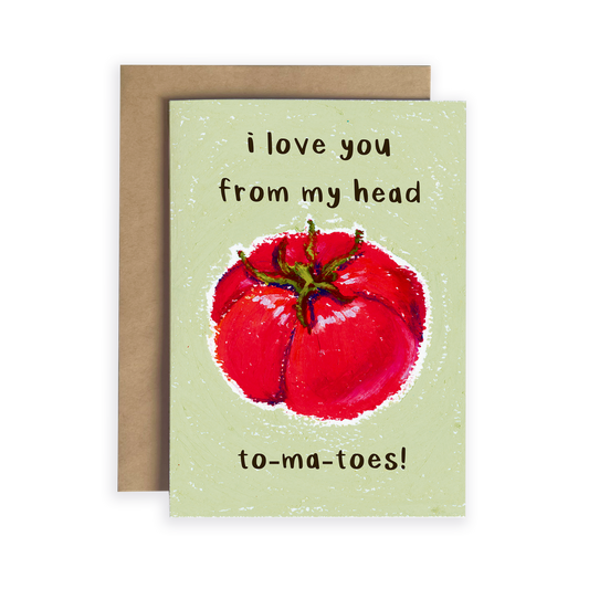 Card with a red tomato illustration and text on a light green background