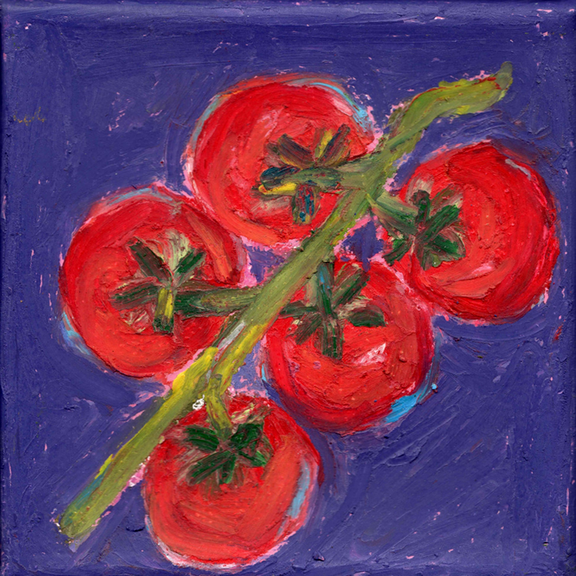 Painting of red tomatoes on a purple background