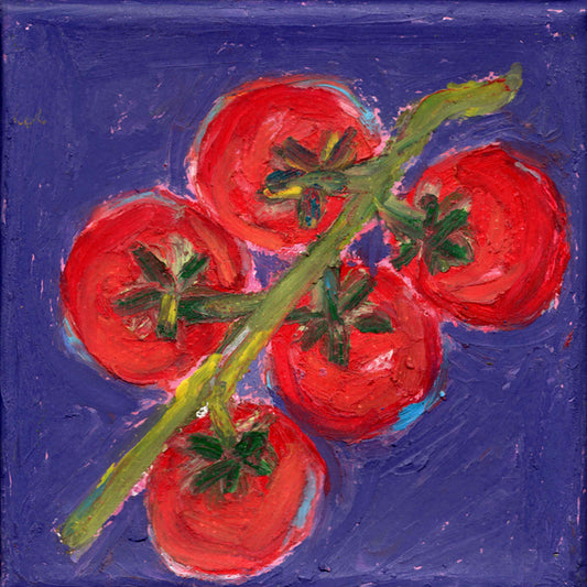 Painting of red tomatoes on a purple background