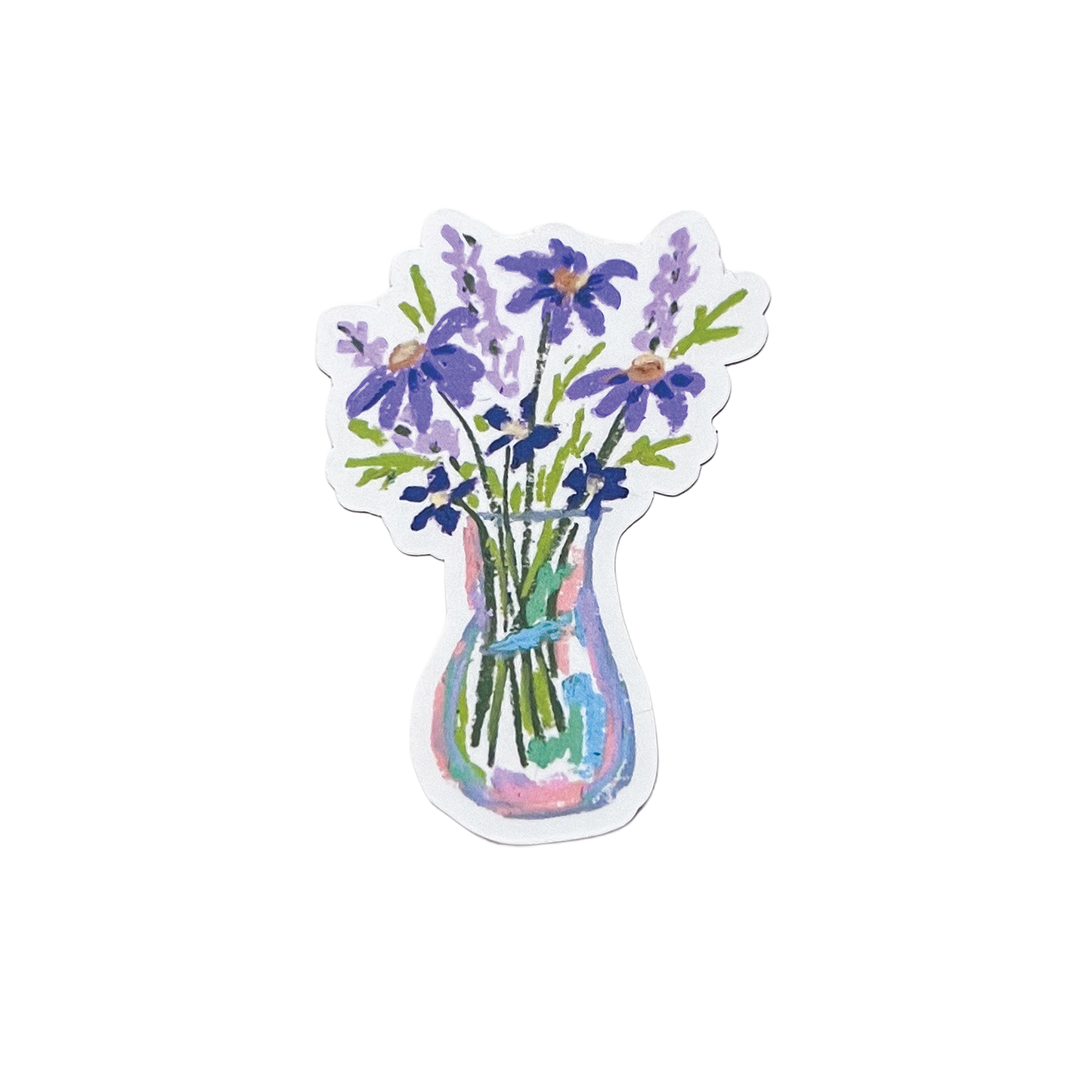 Sticker of a vase with purple flowers on a white background