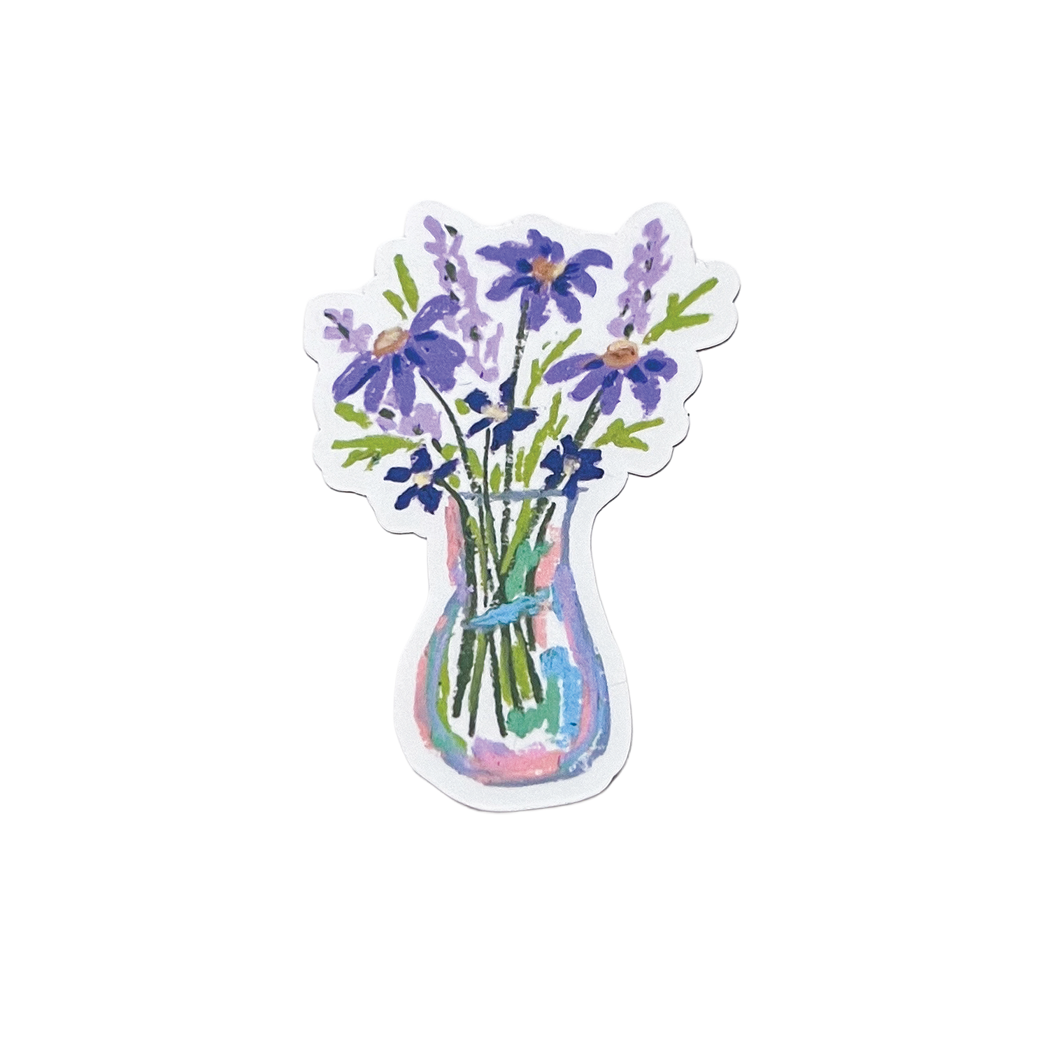 Sticker of a vase with purple flowers on a white background