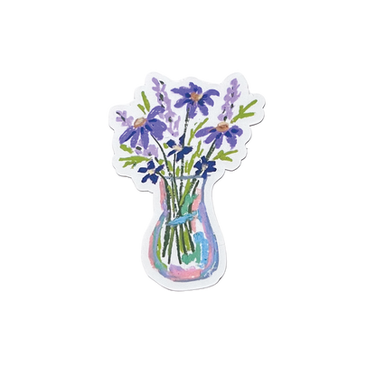 Sticker of a vase with purple flowers on a white background