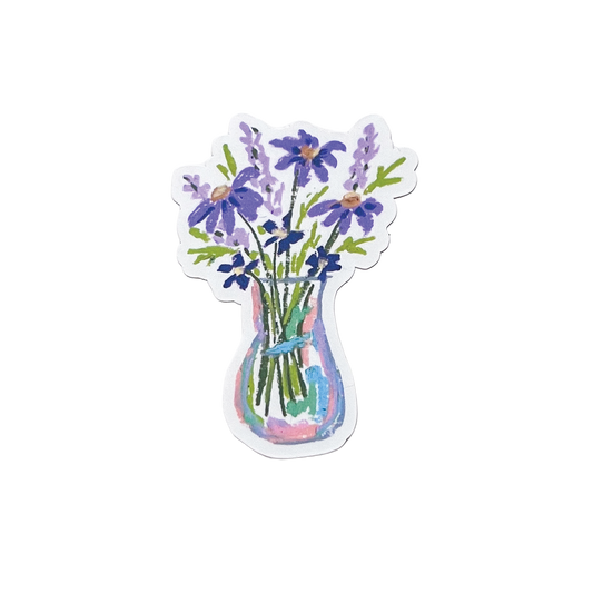 Sticker of a vase with purple flowers on a white background
