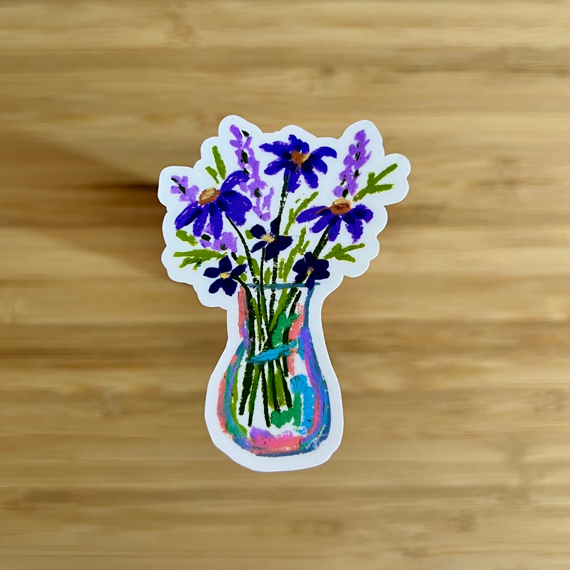 Sticker of a vase with purple flowers on a wooden surface