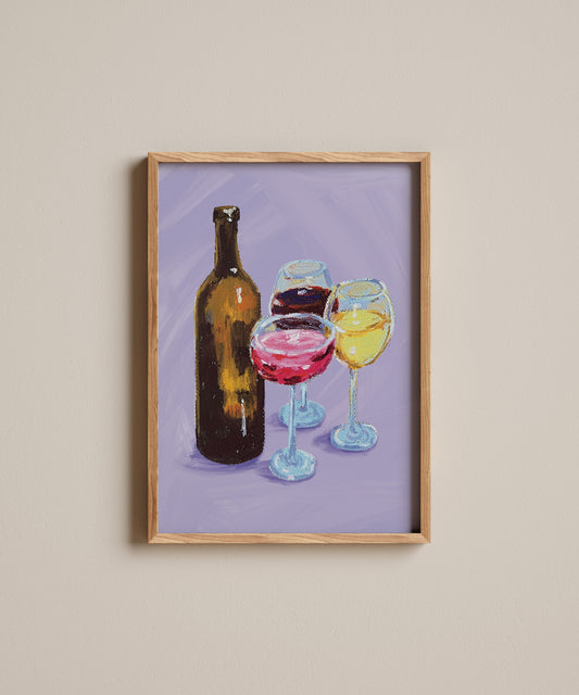 Framed artwork of a bottle and wine glasses on a purple background