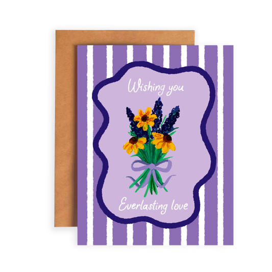 Greeting card with floral design and 'Wishing you everlasting love' text on a purple striped background