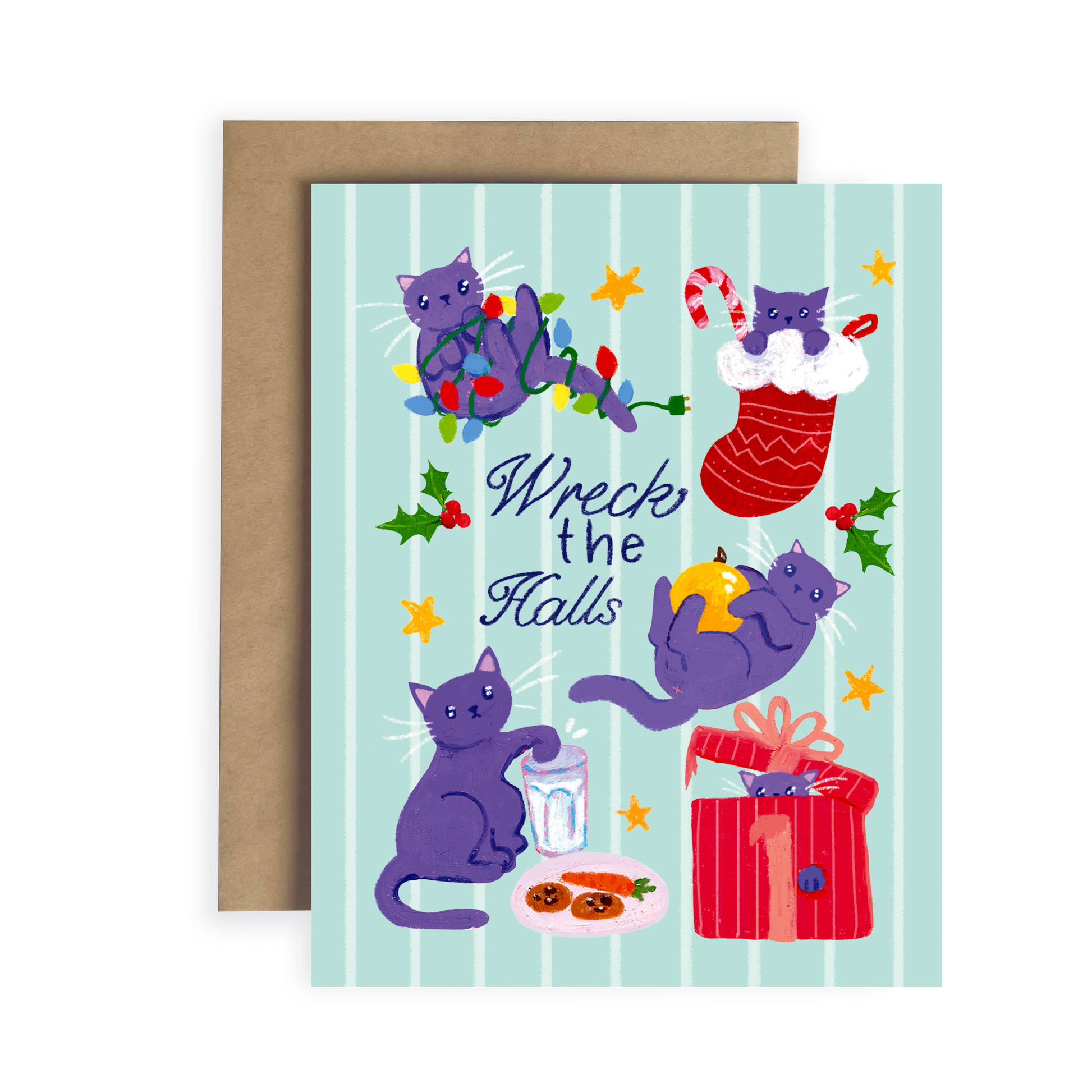 Greeting card with cartoon cats and Christmas elements on a light blue background