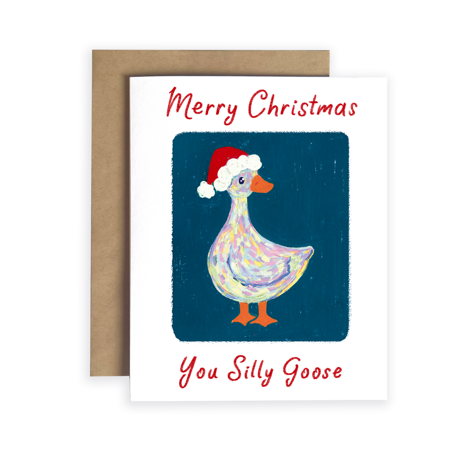 Christmas card with a goose wearing a Santa hat and text 'Merry Christmas You Silly Goose' on a blue background.