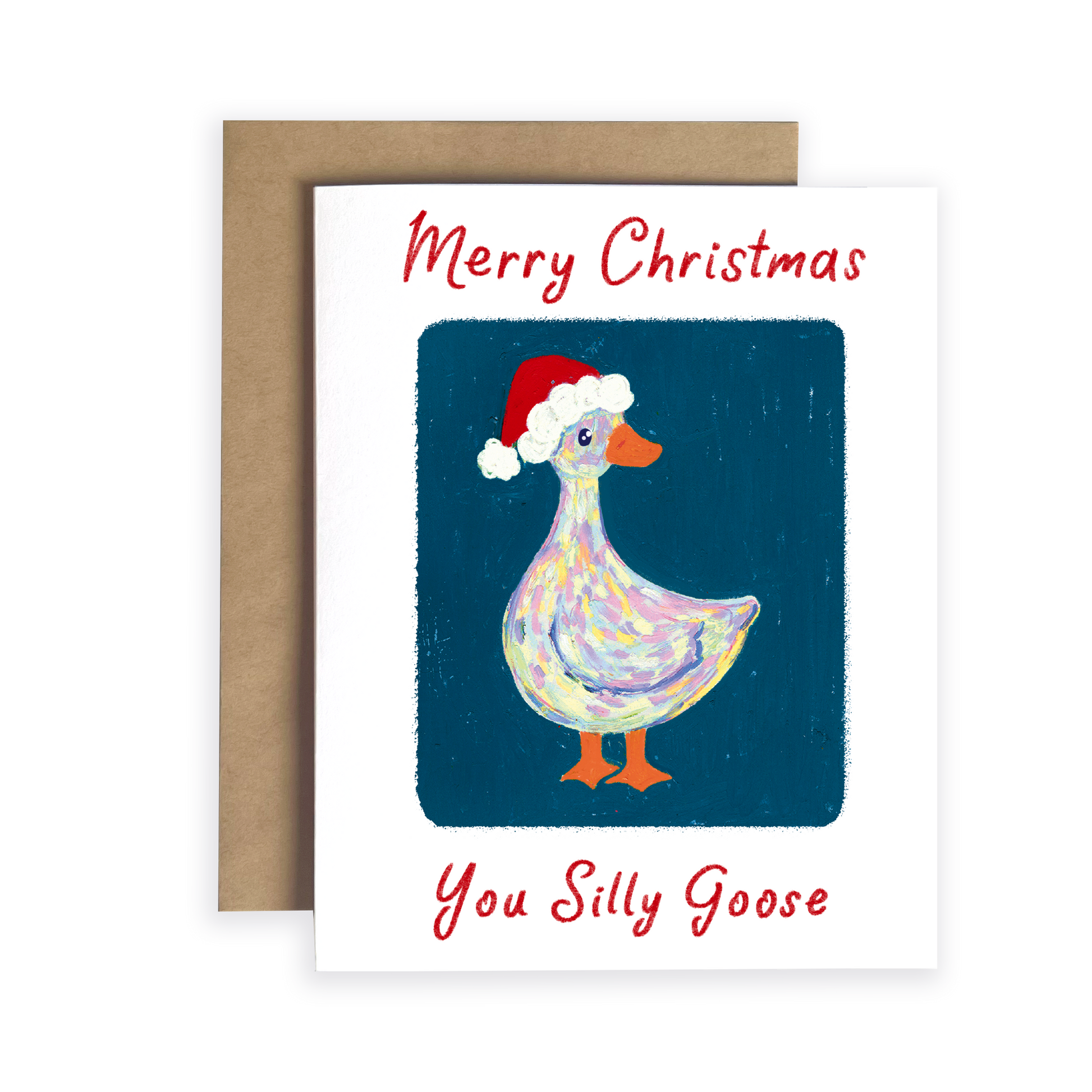 Christmas card with a goose wearing a Santa hat and text 'Merry Christmas You Silly Goose' on a blue background.