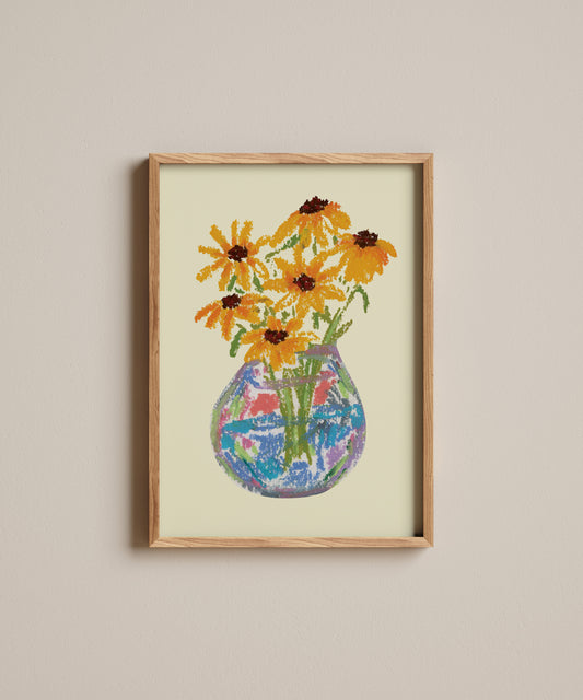 Framed artwork of a colorful vase with flowers on a beige wall